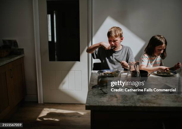 children eat dinner at a kitchen island - table manners stock pictures, royalty-free photos & images