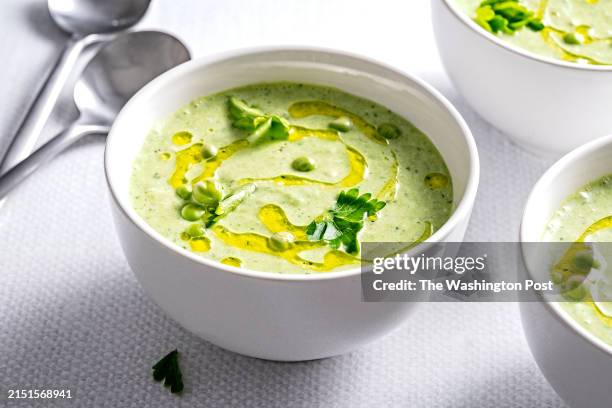 Pea, Ricotta and Mint Gazpacho photographed for Food in Washington, DC on May 6, 2024.