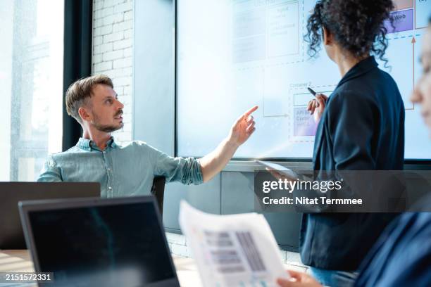 simplified problem solving and decision making with a process flow diagram in software development. a team of software developers discussing a system process flow diagram review on a digital display in a meeting room at a tech office. - startup services growth images stock pictures, royalty-free photos & images