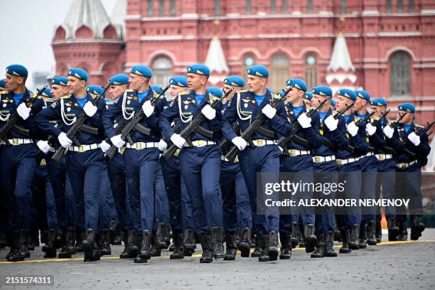 Russian servicemen march on Red Square during the Victory Day military parade in central Moscow on May 9, 2024. Russia celebrates the 79th...