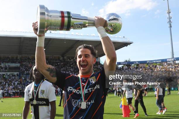Leandro Chichizola of Parma celebrates the conquest of Serie A at the end of Serie B match between Parma Calcio 1913 and US Cremonese at Stadio Ennio...