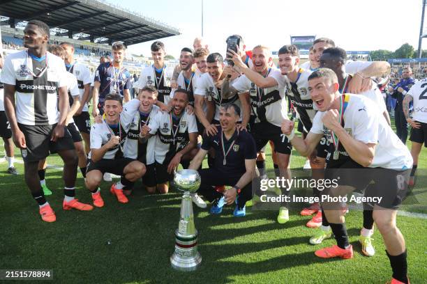 Players of Parma celebrates the conquest of Serie A at the end the Serie B match between Parma Calcio 1913 and US Cremonese at Stadio Ennio Tardini...