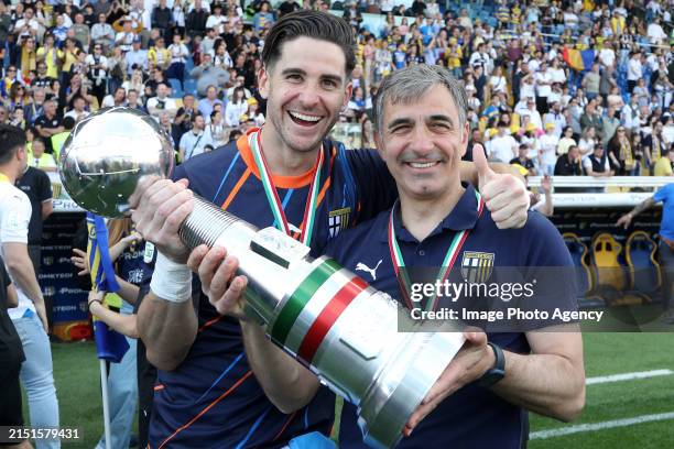 Fabio Pecchia coach and Leandro Chichizola of Parma celebrates the conquest of Serie A at the end the Serie B match between Parma Calcio 1913 and US...