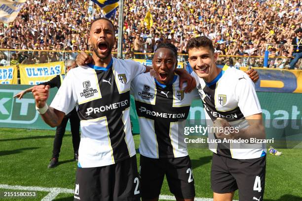 Hernani jr of Parma Calcio 1913 , Woyo Coulibaly of Parma Calcio 1913 and Botond Balogh of Parma Calcio 1913 celebrate the victory of Serie B during...