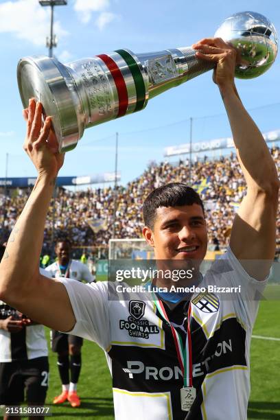 Yordan Osorio of Parma Calcio 1913 celebrates the victory of Serie B during the Serie B match between Parma Calcio 1913 and US Cremonese at Stadio...