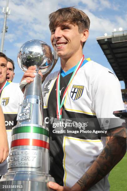 Adrian Bernabe' of Parma celebrates the conquest of Serie A at the end the Serie B match between Parma Calcio 1913 and US Cremonese at Stadio Ennio...