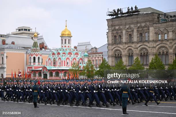 Russian servicemen march on Red Square during the Victory Day military parade in central Moscow on May 9, 2024. Russia celebrates the 79th...