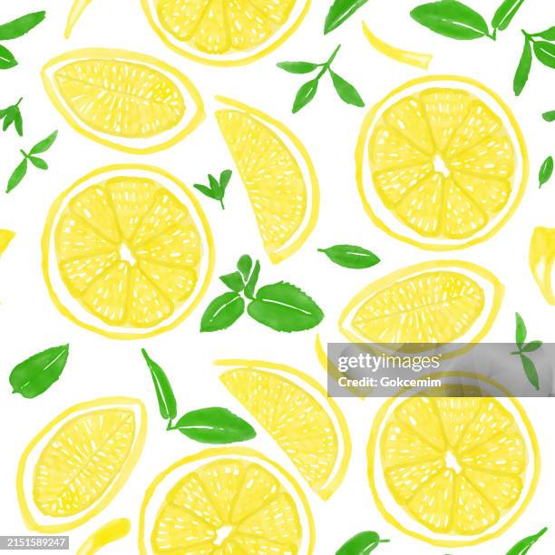 watercolor hand painted lemon slices seamless pattern. spring, summer concept background. - lemon tree stock illustrations