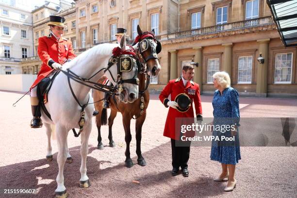 Queen Camilla stands in the Quadrangle of Buckingham Palace with mounted horses as she hosts a reception at Buckingham Palace, to mark the 90th...