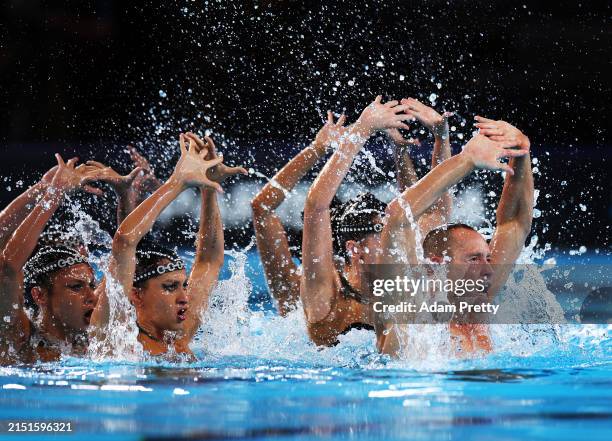 Team USA perform their routine in the Mixed Team Acrobatic during the World Aquatics Artistic Swimming World Cup 2024 - Stop 2 at Aquatics Centre on...