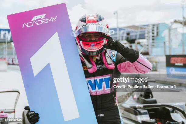 Race winner Abbi Pulling of Great Britain and Rodin Motorsport celebrates in parc ferme during Round 2 Miami race 2 of the F1 Academy at Miami...