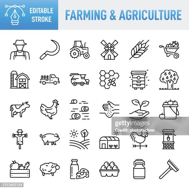 farming & agriculture - thin line vector icon set. pixel perfect. editable stroke. for mobile and web. the set contains icons: agriculture, farm, domestic cattle, cow, tractor, farmer, farm worker, food, farmhouse, livestock, corn, crop - plant - farm worker stock illustrations