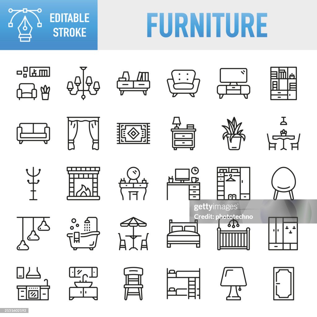 Muebles: conjunto de iconos vectoriales de línea fina. Píxel perfecto. Trazo editable. Para móvil y web. El conjunto contiene iconos: Muebles, Sofá, Silla, Mesa, Escritorio, Oficina, Silla de oficina, Cama - Muebles, Dormitorio, Sala de estar, Vida dom
