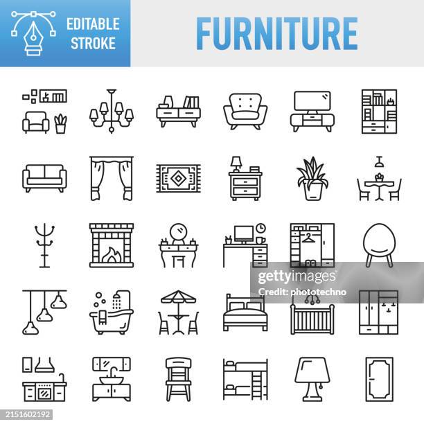 ilustraciones, imágenes clip art, dibujos animados e iconos de stock de muebles: conjunto de iconos vectoriales de línea fina. píxel perfecto. trazo editable. para móvil y web. el conjunto contiene iconos: muebles, sofá, silla, mesa, escritorio, oficina, silla de oficina, cama - muebles, dormitorio, sala de estar, vida dom - decoración artículos domésticos