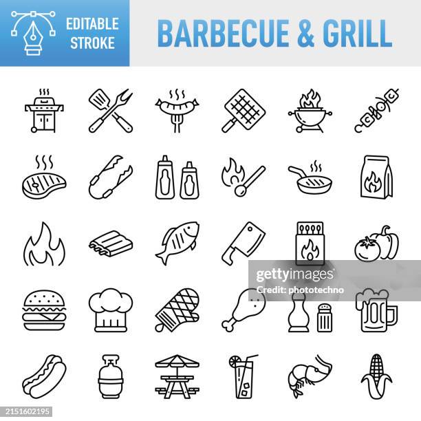 bildbanksillustrationer, clip art samt tecknat material och ikoner med barbecue - thin line vector icon set. pixel perfect. editable stroke. for mobile and web. the set contains icons: barbecue grill, barbecue - meal, barbecue - social gathering, barbecue beef, metal grate, meat, grilled, steak, burger, hamburger, skewer - serveringstång