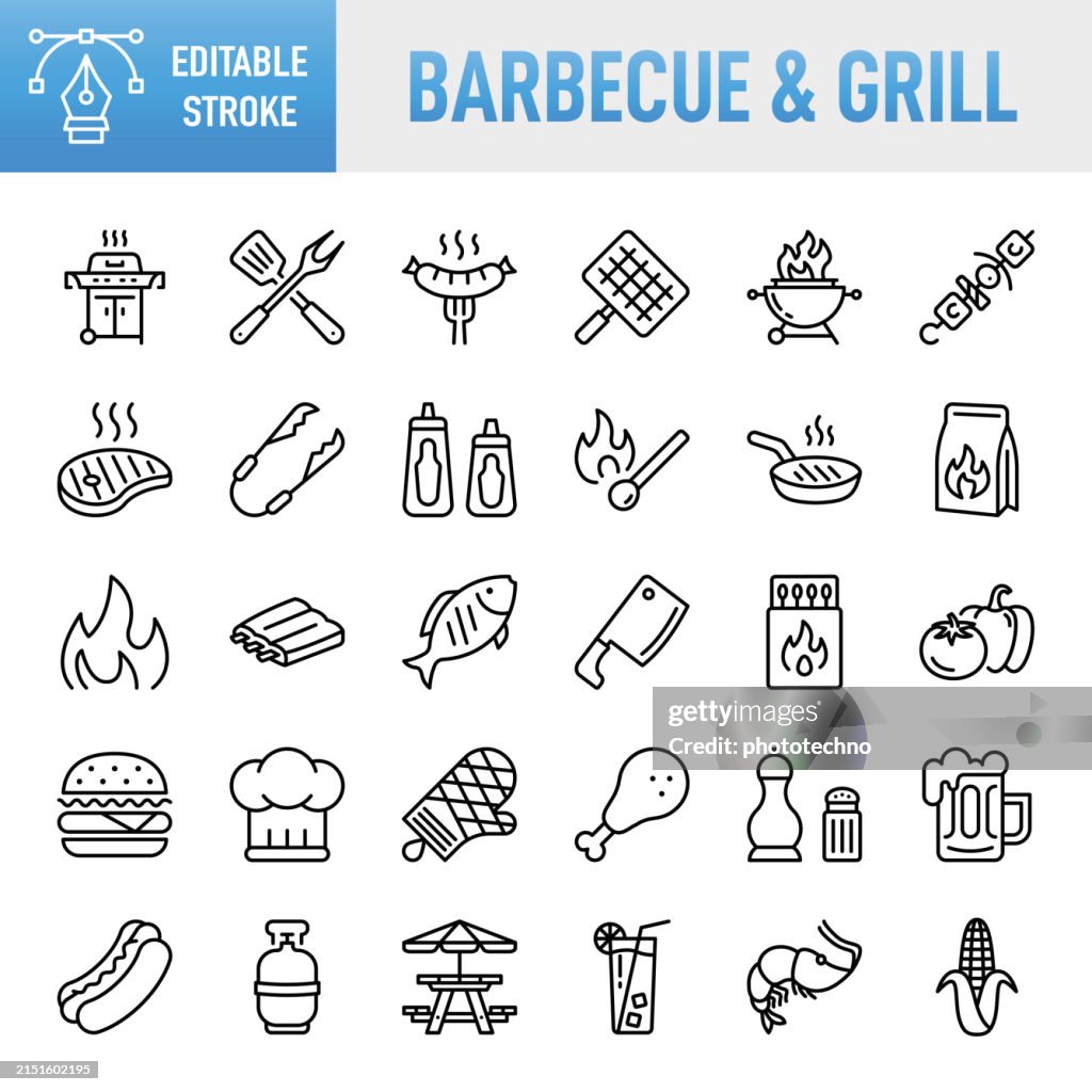Barbecue - Thin line vector icon set. Pixel perfect. Editable stroke. For Mobile and Web. The set contains icons: Barbecue Grill, Barbecue - Meal, Barbecue - Social Gathering, Barbecue Beef, Metal Grate, Meat, Grilled, Steak, Burger, Hamburger, Skewer