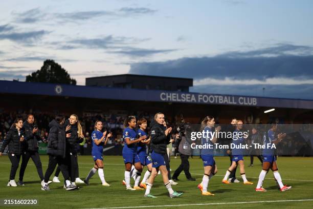 Chelsea players show appreciation to the fans following victory in the Barclays Women´s Super League match between Chelsea FC and Bristol City at...