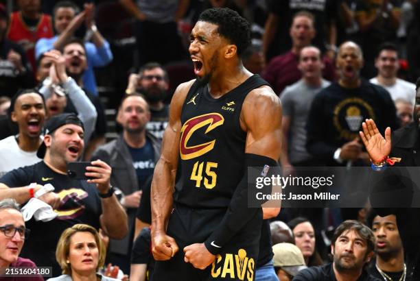 Donovan Mitchell of the Cleveland Cavaliers reacts during the fourth quarter against the Orlando Magic in Game Seven of the Eastern Conference First...