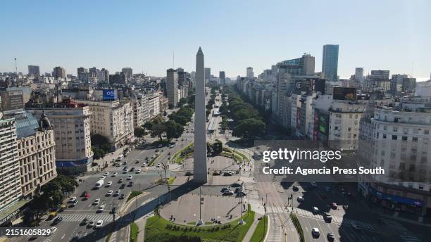 Aerial view of traffic at the Obelisk during the General Strike on May 9, 2024 in Buenos Aires, Argentina. The Argentinian General Confederation of...