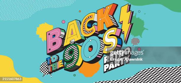 back to the 90s retro party y2k invitation design web banner advertisement template with abstract shapes and patterns - world wide web 1990 stock illustrations