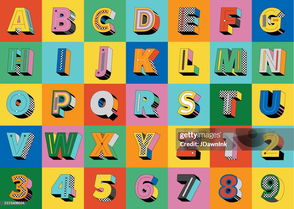 Das Retro-Y2K-Bold-3D-Schriftdesign-Alphabet der 90er Jahre enthält Großbuchstaben und Zahlen auf quadratischen Farbblöcken