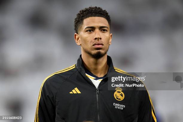 Jude Bellingham of Real Madrid CF is playing during the UEFA Champions League match between Real Madrid and Bayern Munich at Santiago Bernabeu...