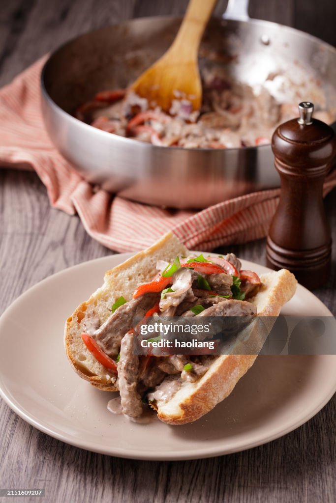 Beef steak pepper baguette sandwich