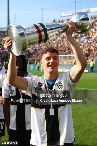 Tjaš Begić of Parma Calcio 1913 celebrates the victory of Serie B during the Serie B match between Parma Calcio 1913 and US Cremonese at Stadio Ennio...