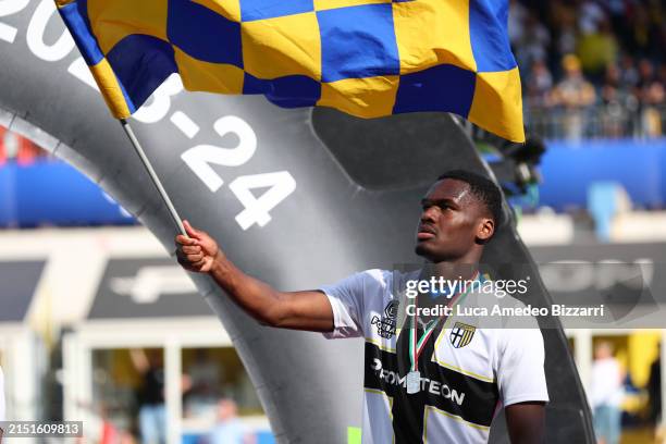 Ange-Yoan Bonny of Parma Calcio 1913 celebrates the victory of Serie B during the Serie B match between Parma Calcio 1913 and US Cremonese at Stadio...