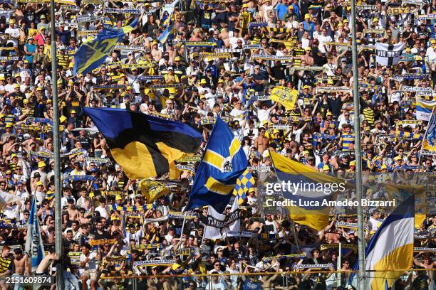 Fans of Parma Calcio 1913 show their support during the Serie B match between Parma Calcio 1913 and US Cremonese at Stadio Ennio Tardini on May 05,...