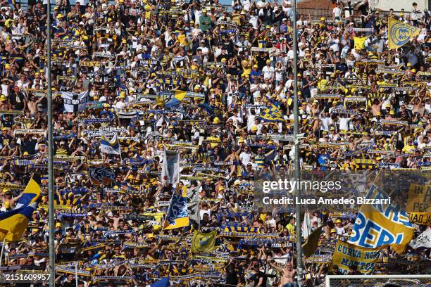 Fans of Parma Calcio 1913 show their support during the Serie B match between Parma Calcio 1913 and US Cremonese at Stadio Ennio Tardini on May 05,...
