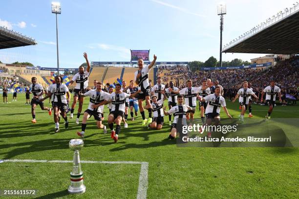 Players of Parma Calcio 1913 celebrate the victory of Serie B during the Serie B match between Parma Calcio 1913 and US Cremonese at Stadio Ennio...
