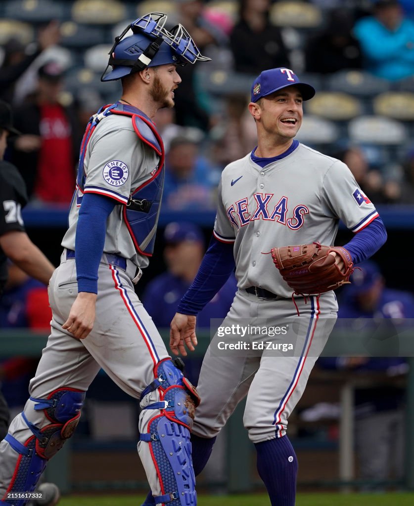 Texas Ranger Heim Jonah Heim and David Robertson of the Texas Rangers celebrate a 3-2 ...