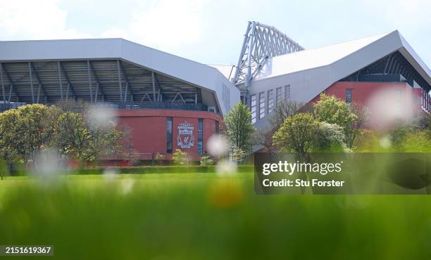 General view of Anfield from Stanley Park prior to the Premier League match between Liverpool FC and Tottenham Hotspur at Anfield on May 05, 2024 in...