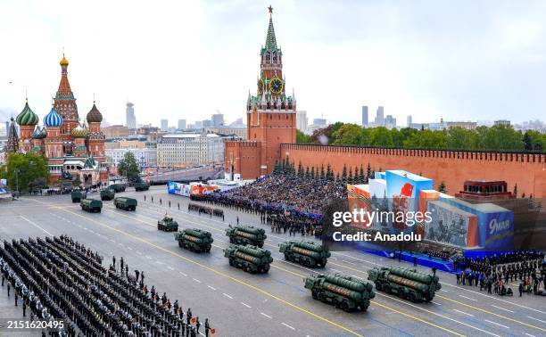 Ceremonial soldiers and military vehicles parade on the 79th anniversary of the Victory Day in Red Square in Moscow, Russia on May 09, 2024. The...