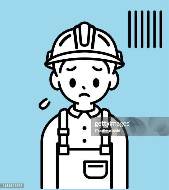 A Boy Wearing A Hard Hat Overalls With Suspenders Or Braces Face Down And Frowning Heavyhearted A Simple Line Drawing Or Icon Of A Construction Worker Or Builder High-Res Vector Graphic
