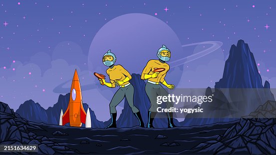 Vector Retro Sci Fi Astronauts Being Cautious while Exploring New Planet Stock illustration Vector Retro Sci Fi Astronauts Being Cautious while Exploring New Planet Stock illustration