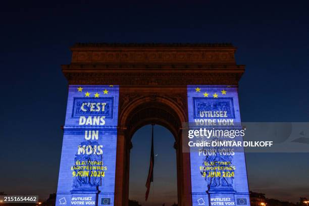 Lightings are projected on the Arc de Triomphe monument announcing the upcoming European Parliament elections, as part of the celebrations of the...