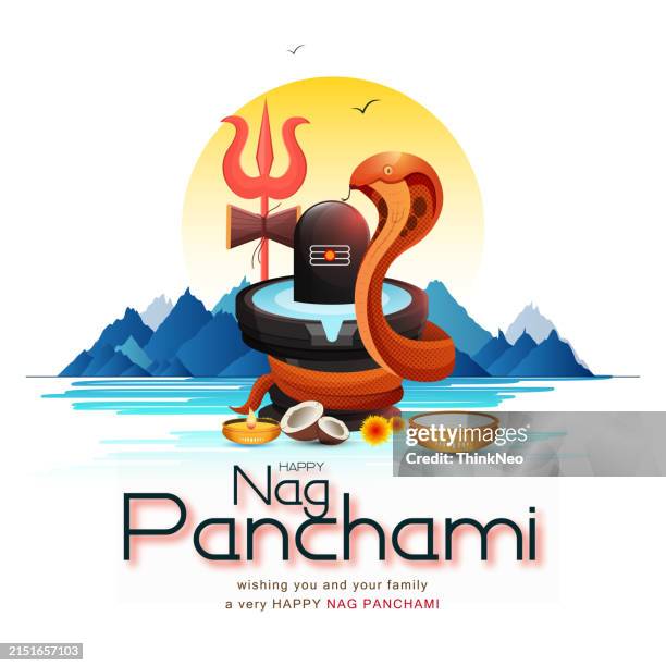 happy nag panchami greeting card with king cobra. snake festival in india. - maha shivaratri stock illustrations