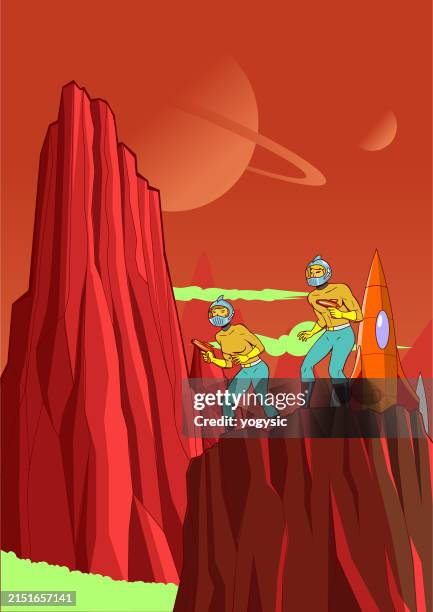 vector retro sci fi astronauts being cautious while exploring new planet stock illustration - astronaut walking stock illustrations