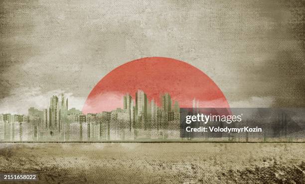 horizontal background with a solar disk over the city, on the seashore - dramatic city stock illustrations