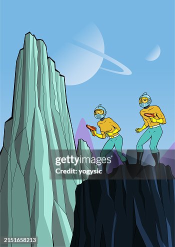 Vector Retro Sci Fi Astronauts Being Cautious while Exploring New Planet Stock Illustration Vector Retro Sci Fi Astronauts Being Cautious while Exploring New Planet Stock Illustration
