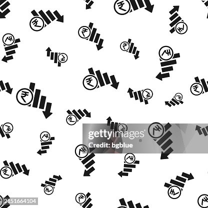 Indian rupee rate decrease. Seamless pattern. Icons on white background Indian rupee rate decrease. Seamless pattern. Icons on white background