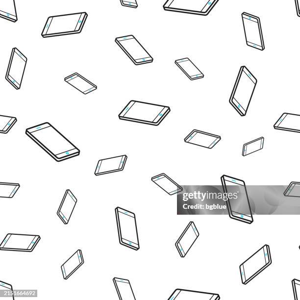 isometric smartphone - flat position. seamless pattern. line icons on white background - lay flat background stock illustrations