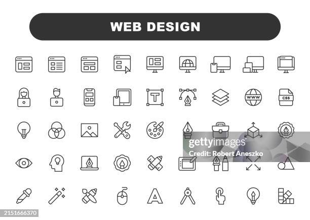 web design line icons. editable stroke, contains such icons as coding, freelance, user interface, layout, programming, responsive design, seo, social media, software, ui, ux, web development. - responsive web design stock illustrations