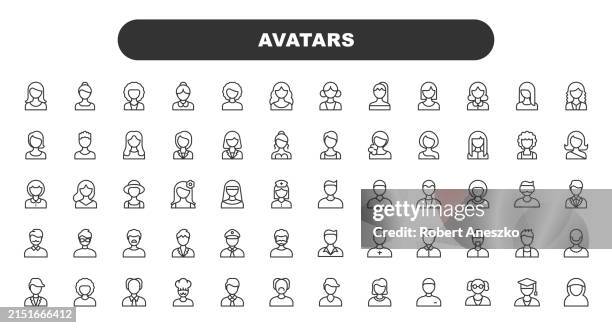 illustrazioni stock, clip art, cartoni animati e icone di tendenza di icone della linea di avatar maschili e femminili. tratto modificabile. contiene icone come avatar, uomo, profilo, utente, social media, testa umana, volto umano, ufficio, persone, persona anziana, uomo d'affari, uomo d'affari, profilo dell'app mobile. - avatar