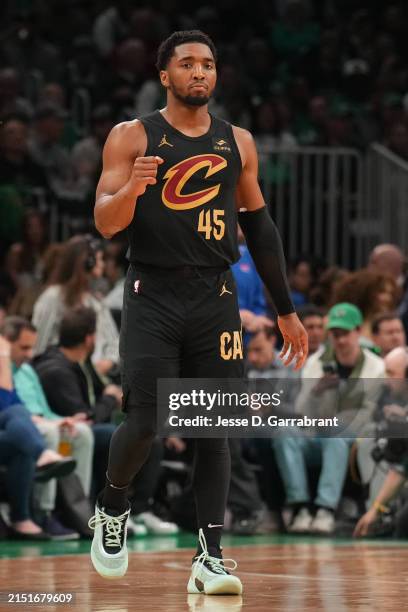 Donovan Mitchell of the Cleveland Cavaliers celebrates during the game against the Boston Celtics during Round 2 Game 2 of the 2024 NBA Playoffs on...