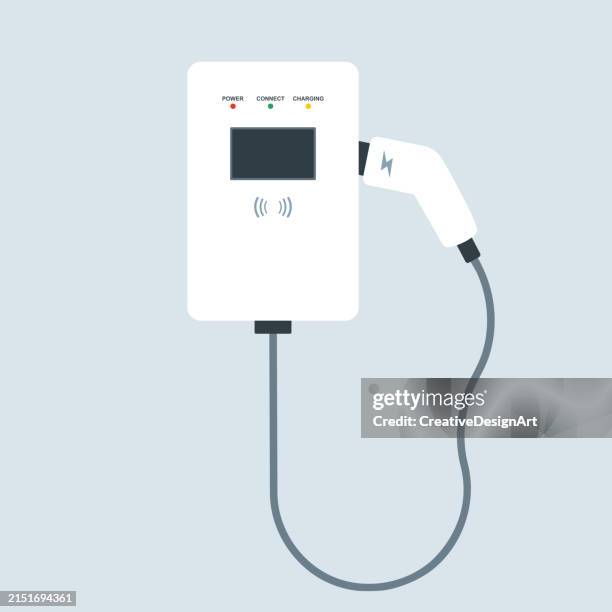 illustrations, cliparts, dessins animés et icônes de vue de face du chargeur mural de véhicule électrique - chargeur de batterie