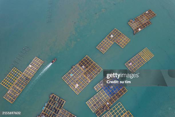 a vertical bird's-eye view of a fishing and aquaculture farm with a ship sailing over the sea - vertäut stock-fotos und bilder