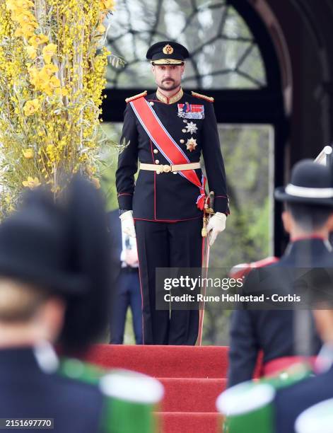 Norwegian Crown Prince Haakon attends the official welcoming ceremony for Maia Sandu's State Visit at Palace Square on May 6, 2024 in Oslo, Norway.